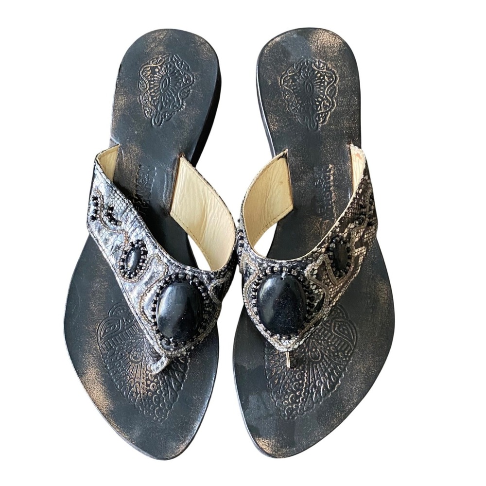 Naughty Monkey Women Boho Beaded Thong Sandals Black Bronze Size 7.5 Gypsy